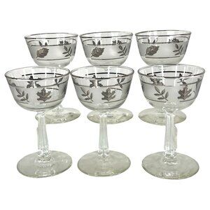 6 Vintage Libbey Silver Leaf Champagne Glasses Cocktail Barware Goblet 5 IN  Set